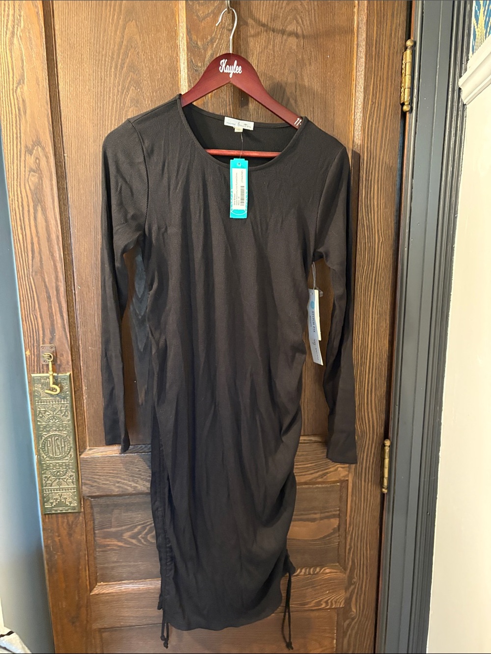 nine britton Black Long-Sleeve Drawstring Side Dress